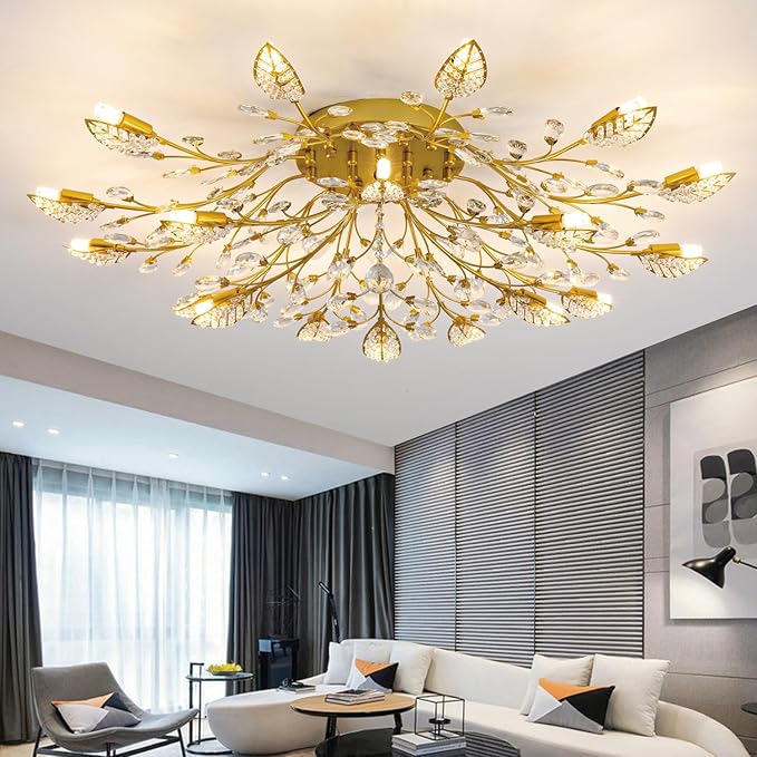 Modern Crystal Ceiling Light Fixture,Semi Flush Mount Chandeliers,Crystal Leaf Ceiling Light, Chandeliers for Dining Room,Living Room,Bedroom
