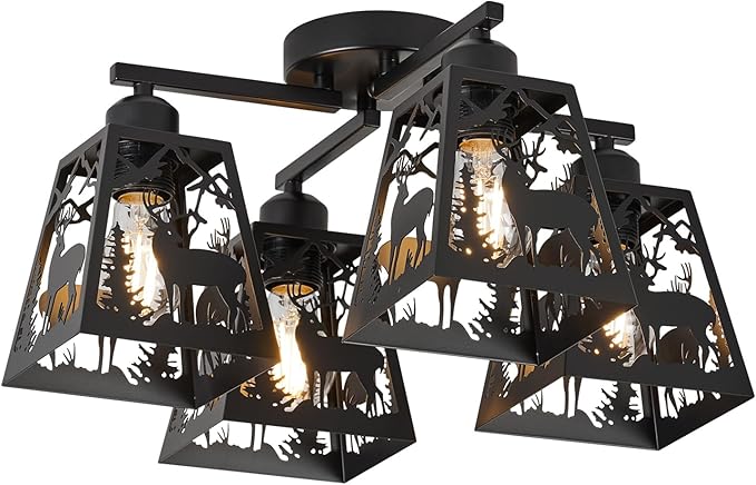 Farmhouse Rustic Deer Light Fixtures, 4 Light Black Semi Flush Mount Rotation Arm Ceiling Lights for Kitchen, Living Room, Hallway, Bedroom, Entryway (Bulbs not Included)