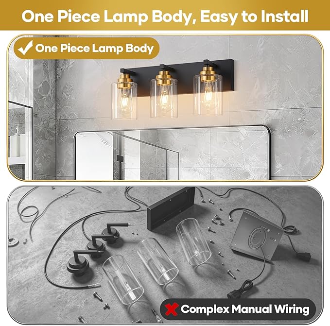 Fivesun Bathroom Vanity Light Fixture, 3-Light Black and Gold Bathroom Light Fixtures Over Mirror with Clear Glass Shades, Modern Vanity Lights for Bathroom Living Room Hallway (Bulbs Not Included)