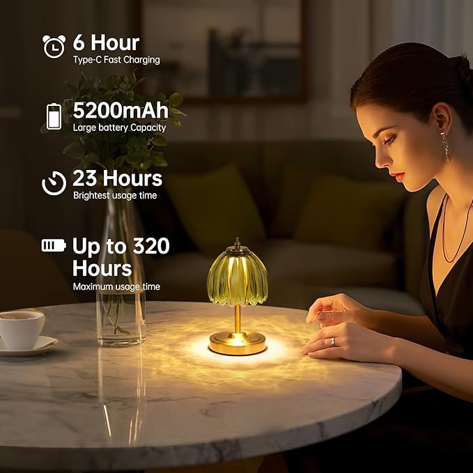 Shenmoyl Set of 2 Tulip Table Lamp with 5200mAh Battery & Touch Control, Cordless Small Table Lamp with 3 Colors, Rechargeable Battery Operated Table Lamps for Nightstand, Bedroom (Green Tulip)