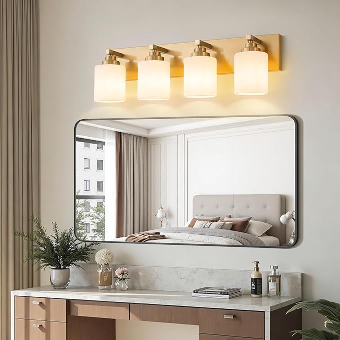 Bathroom Vanity Light Fixture, 4-Light Brushed Gold Bathroom Light Fixtures Over Mirror with Milky White Glass Shades, Modern Vanity Lights for Bathroom Living Room Hallway (Bulbs Not Included)