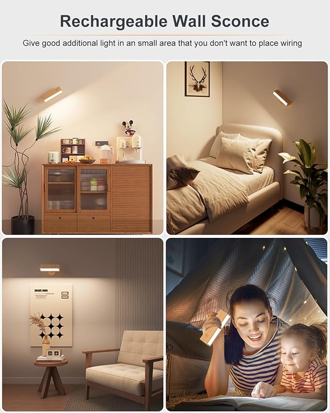 DetarZinLED Wooden Wall Sconce Battery Operated with Remote,Rechargeable Wall Lights for Bedroom with 3 Color Temperature, Magnetic, Stick-On, Dimmable Wall Reading Lights (Beech Wood, 2Pack-Remote)