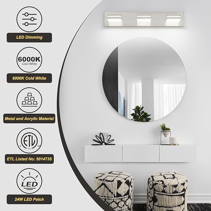 OKELI 3 Light Bathroom Vanity Light Brushed Nickel Modern 24W LED Dimmable Vanity Light Over Mirror 350° Adjustable Lamp Head Cold White 6000K ETL Listed 22Inch