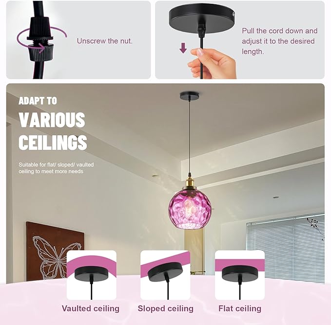 Modern Hammered Pendant Light Purple Glass Hanging Pendant Light 7.8" Globe Pendant Light Fixture Black Farmhouse Kitchen Lighting Over Island Sink Dining Room Table