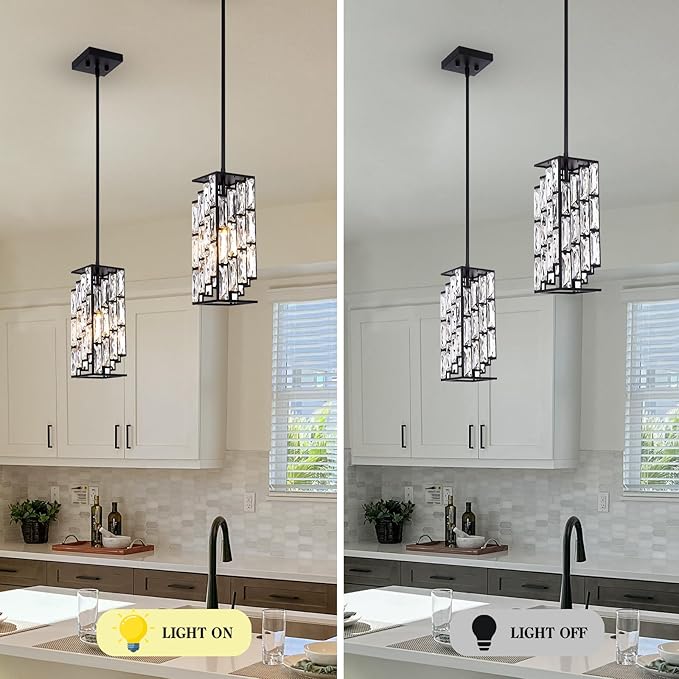 Crystal Pendant Lights Kitchen Island 2 Pack, Modern Black Chandelier Height Adjustable, Hanging Lights for Kitchen Island Dining Room Bedroom
