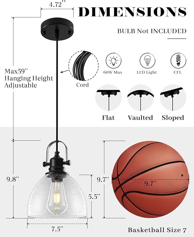 Black Pendant Lights Kitchen Island 2 Pack, 7.5" Seeded Glass Pendant Lights, Vintage Industrial Pendant Light Kitchen Island, Farmhouse Pendant Lighting for Kitchen, Dining Room, Bar, Cafe