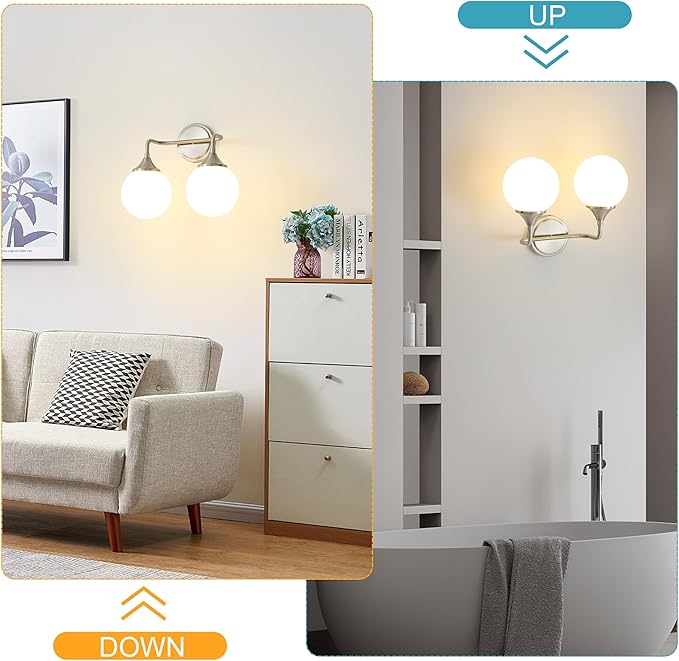 Brushed Nickel Vanity Lights Fixtures, 2-Light Bathroom Vanity Lighting Over Mirror, Modern Bathroom Wall Sconces with Milky White Glass Ball Shades