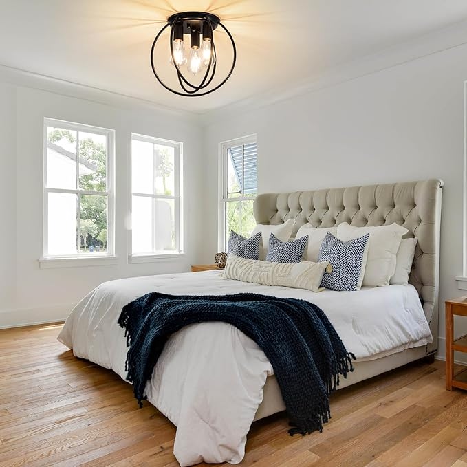 3 Light Industrial Ceiling Light Black Semi Flush Mount Lights Close to Ceiling Light Fixtures,cage Design Farmhouse Ceiling Lighting for Kitchen Bedroom Bathroom Foyer Hallway (E26, 1Pack)