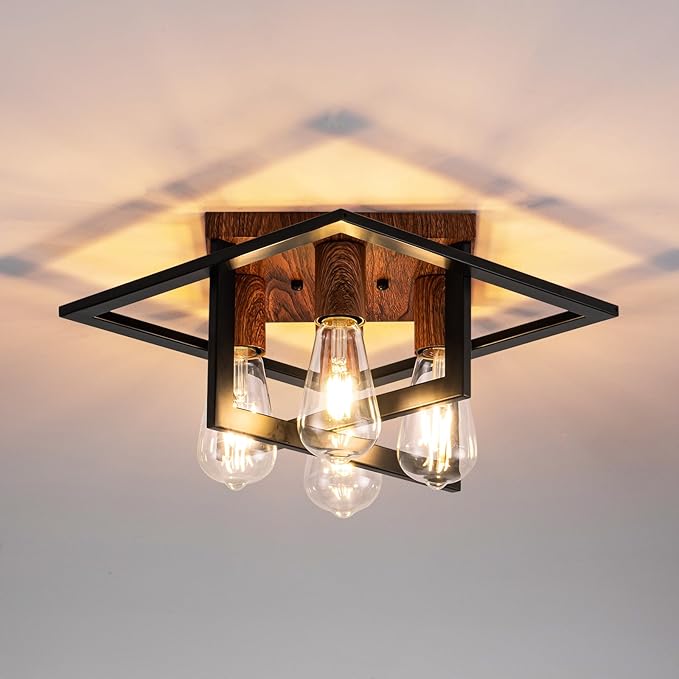 Semi Flush Mount Ceiling Light Fixture, 4 Light Industrial Ceiling Light with Black Frame & Wood Grain Accent, Close to Ceiling Farmhouse Lighting for Kitchen, Bathroom, Bedroom, Hallway (E26,1-Pack)