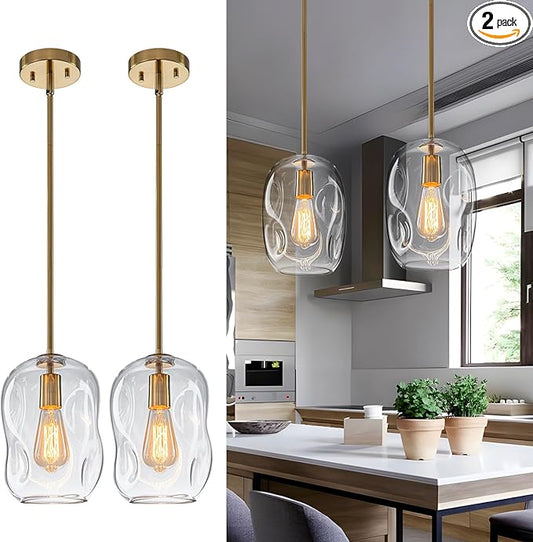 GoYeel Pendant Lights - Brushed Gold Glass Hanging Lamp 2 Pack, Modern Handblown Organic from Glass Pendant Lights Kitchen Island