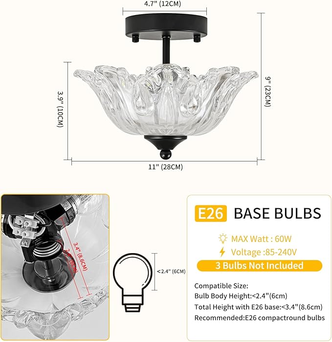 Semi Flush Mount Ceiling Light, Black Light fixtures with Floral Clear Glass Shade, Modern Close-to-Ceiling Lighting for Bedroom Kitchen Living Room Hallway