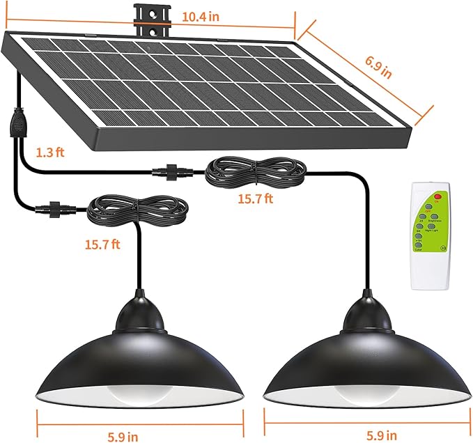 Lightonight Solar Pendant Light with Remote Control, 3 Color Dimmable Double Bulb, IP65 Weatherproof Dusk to Dawn Solar Light for Gazebo,Barn,Shed,Garage,Patio,Pergola,Chicken Coop,Stables,Tents
