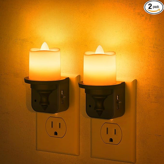 JandCase Flameless Candle Night Light, 2 Pack Night Lights Plug into Wall, 2000K Amber, 0-100LM Dimmable Nightlight, Dusk to Dawn Sensor Light for Dinning Room, Living Room, Bathroom, Hallway