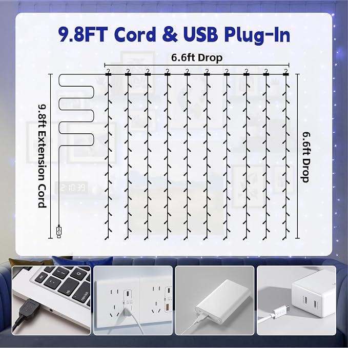 Curtain Light for Bedroom, 200LED 6.6x6.6ft Blue Window Wall Hanging Fairy Curtain String Light, 8 Modes Remote Fairy String Lights Indoor for Wedding Party Home Garden Decorations