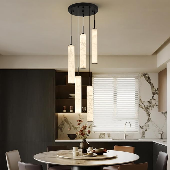 LMQNINE Natural Alabaster Pendant Lights for Kitchen Island White Marble Long Tube Chandelier 4000K Modern Black Ceiling Light Fixtures for Bedroom Dining Room Table Living Room Hallway(M-5Light)