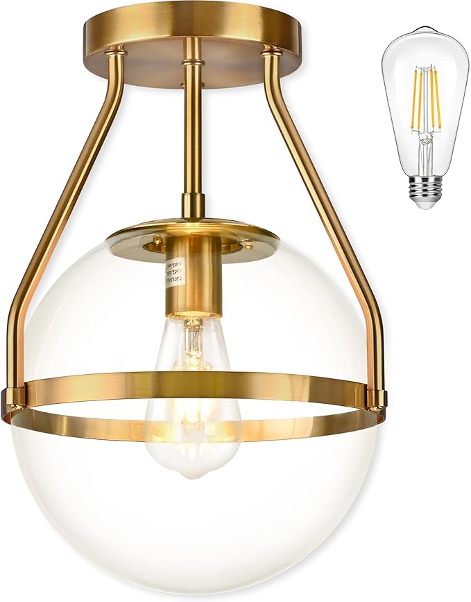 Bagood 10" Semi Flush Mount Ceiling Light with Clear Glass Shade Mid Century Ceiling Light Modern Gold Globe Semi Flush Mount Ceiling Light Fixture for Bedroom Hallway Bathroom Foyer (Bulb Incl.)