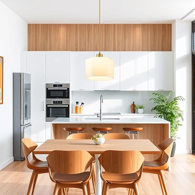 XSDeTu 1 Pack Milk Glass Pendant Lights Kitchen Island, Modern Gold Hanging Light Fixture, Mid-Century Hexagonal Ceiling Lamp, Mini Farmhouse Chandelier for Dining Room Sink Bathroom Bedroom Hallway
