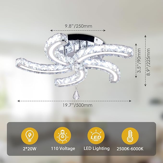 Crystal Chandelier 19.7” Crystal Ceiling Light Acrylic Modern Chandeliers 5 Arms Led Flush Mount Ceiling Light Fixture Lamp for Dining Room Living Room Bedroom Hallway (Multicolor)
