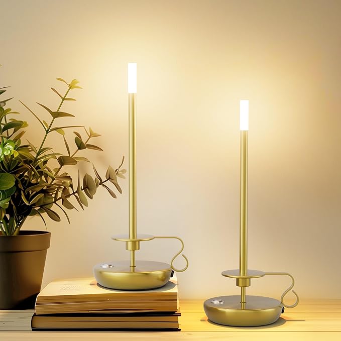 2 Pack 3000K Cordless LED Table Lamp, Battery Powered Stepless Dimmable Rechargeable Table Lamp for Dinner/Dining/Bedroom/Bar/Camping(Gold)