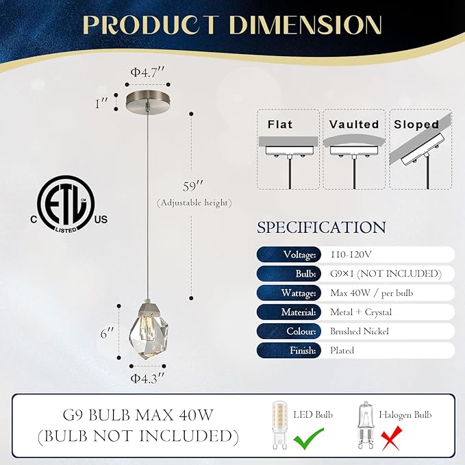 Crystal Pendant Light, 1-Light Mini Diamond Prism Hanging Ceiling Light with Brushed Nickel Finish, Color Changing LED Small Chandelier for Kitchen Island, Dining Room, Bedroom, Hallway, Bar