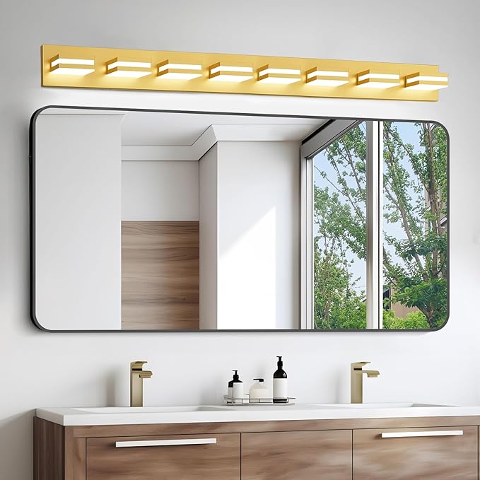 IZORRO LED Modern Bathroom Lights Fixtures(8-Light,Dimmable,360°Rotate),Brushed Glod Acrylic Wall Lighting,Vanity Lights for Bathroom Over Mirror - 6000k 48In （No Assembly Required）