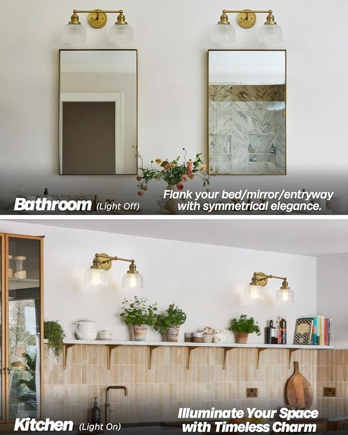 Double Vintage Gold Wall Sconces Antique Brass Bathroom Vanity Light with Clear Corrugated Glass Shade Indoor Hardwire Wall Sconce Lamp Lights for Bathroom Living Room Bedroom Kitchen