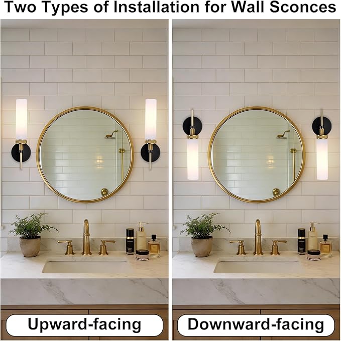 LaLuLa Wall Sconce Set of 2, Black and Gold Vanity Lights for Bathroom, Knurled Detail, Frosted Glass Cylinder Shade, E26 Base, Hardwired, Up or Down Mount, for Hallway, Bedroom, Living Room