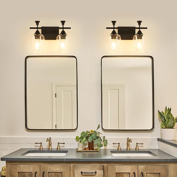 Bathroom Light Fixtures (2-Light, 14 Inch), Matte Black Vanity Lights for Bathroom with Clear Wine Glass Glass Shade, Modern Vanity Wall Lights for Mirror Bedroom Living Room Kitchen Hallway Porch