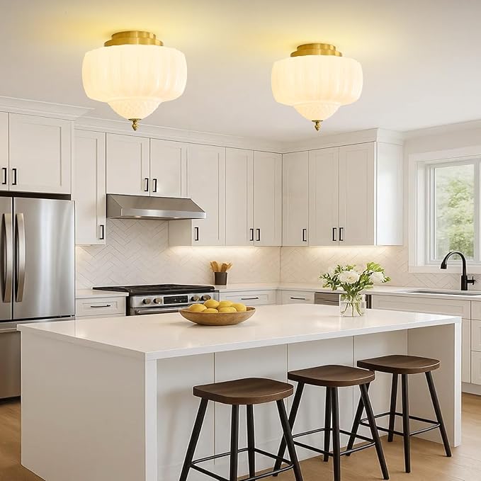 14 inch Vintage Semi Flush Mount Ceiling Light Gold Schoolhouse Ceiling Light Fixture Mid Century Milk Glass Ceiling Lamp for Kitchen Restaurant Bedroom and Hallway(White)