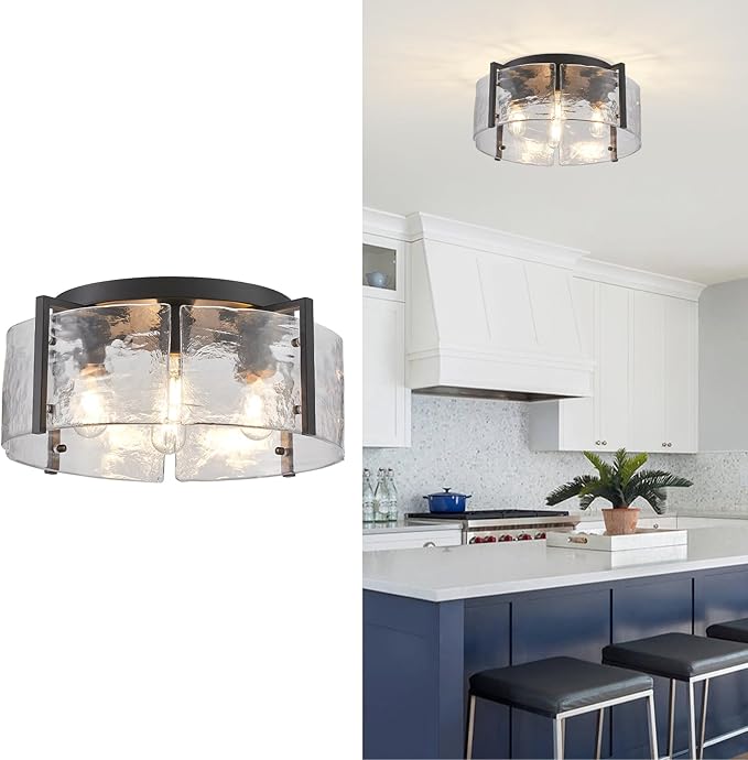 17.3“ Semi Flush Mount Ceiling Light Fixture, Black 4-Light Modern Water Ripple Chandelier Glass Light Fixture for Entryway Hallway Kitchen Island Dining Room Foyer Bedroom Laundry Hallway