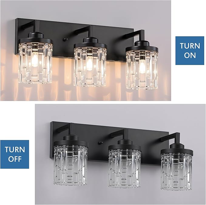 maesta Black Vanity Light, 3 Light Crystal Modern Farmhouse Bathroom Light Fixtures, with Crystal Glass Shade, Rustic Black Bathroom Wall Light Over Mirror for Living Room, Bedroom, Hallway
