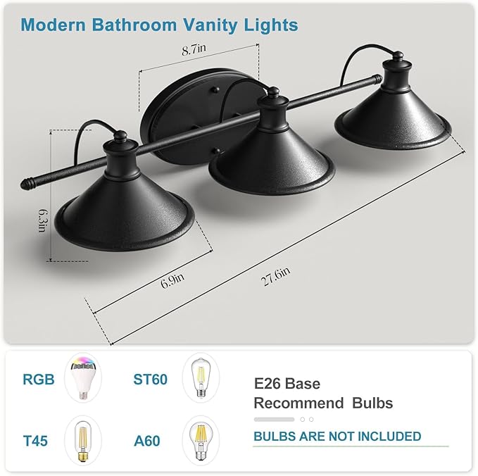 Lightdot Modern Bathroom Light Fixtures, 27 Inch 3-Light Bathroom Vanity Light with Matte Black Shades, 60W Max/120V Farmhouse Wall Sconce, Lighting Fixtures Over Mirror for Kitchen Living Room Cafe
