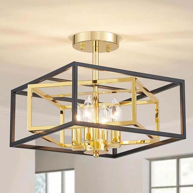Square Ceiling Light, 4-Light Flushmount Modern Close to Ceiling Light Fixture for Living Room, Bedroom, Dining Room, L13 x W13 x H10 inch, Black & Brass Finish Frame