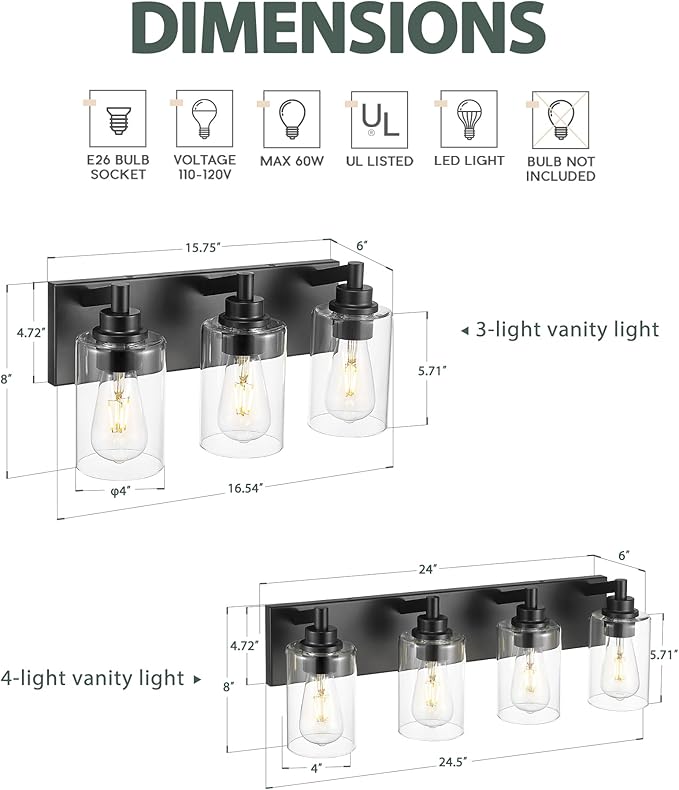 4-Light Bathroom Light Fixtures, Black Vanity Light with Cylinder Clear Glass Shade, Modern Vanity Lighting Fixtures Over Mirror, VL143-MB-4
