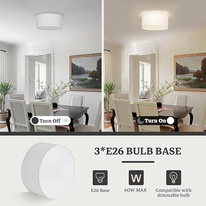 Semi Flush Mount Ceiling Light Fixture,13inch Light Fixtures Ceiling Mount,3-Light Drum Light Fixture with White Shade,Modern Close to Ceiling Lamps for Living Room, Bedroom, Dining Room,Entryway