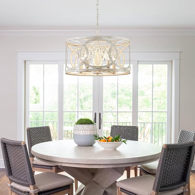 WUZUPS Crystal Chandelier 5-Light Vintage Farmhouse Pendant Ceiling Light Lighting Fixture for Foyer Diningroom Bedroom Hallway Storage Kitchen Bathroom, H 8.3" W 16.1", E12 Base, Antique White