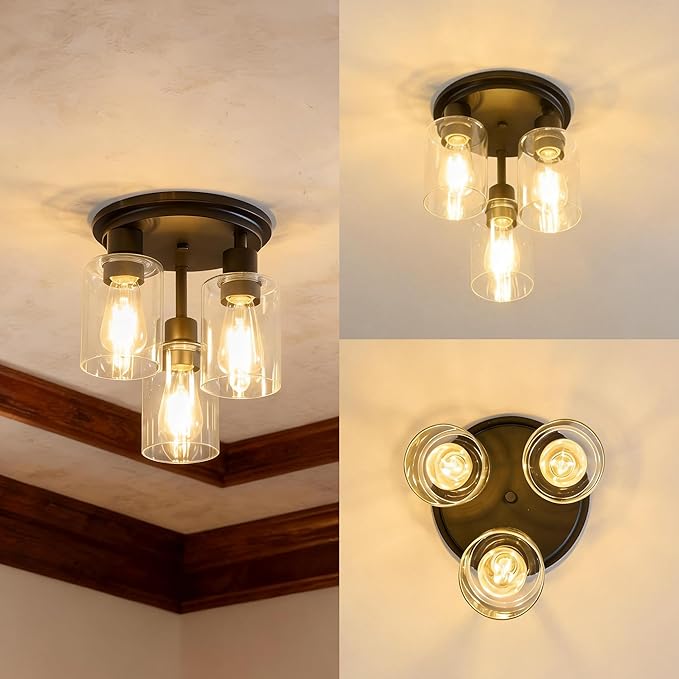 ROTTOGOON Semi Flush Mount Ceiling Light, Close to Ceiling Lights Fixtures, 3 Light Kitchen Ceiling Lights Fixtures with Glass Shades, Hallway Light Fixtures Ceiling Mount for Foyer, Black