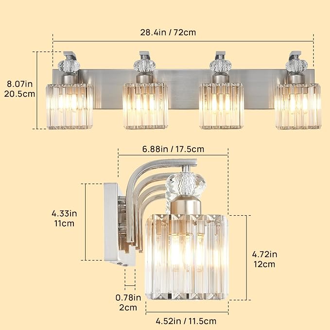 Modern Bathroom Vanity Light, 4-Light Nickel Bathroom Lighting Fixtures Over Mirror, 28.4" Crystal Wall Light Sconce for Bathroom/Bedroom/Vanity, Includes LED Bulbs, Easy Installation
