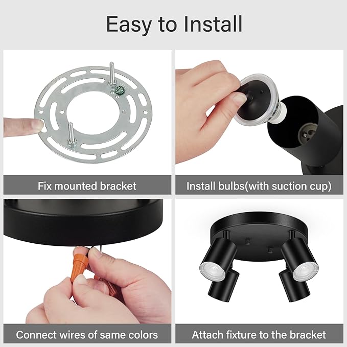 LED 4 Light Track Lighting Kit, LED Track Lighting Fixtures, Black Round Ceiling Spot Lighting, Flexibly Rotatable Light Head for Kitchen, Living Room, Bedroom, GU10 Bulb Not Included
