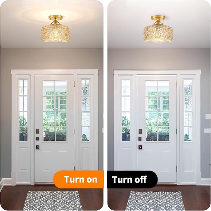 Small Semi Flush Mount Ceiling Light Fixture, Vintage Gold Close to Ceiling Lighting with Amber Etched Glass Shade for Hallway, Kitchen, Entryway (Retro Design, Easy Install)