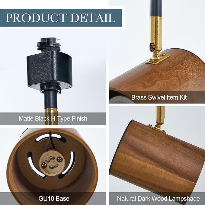 Modern H Type Track Lighting, Adjustable Black Finish and Real Dark Wood Lampshade Spotlight Heads, Brass Swivel Item Kit, for Accent Retail-Pack of 3