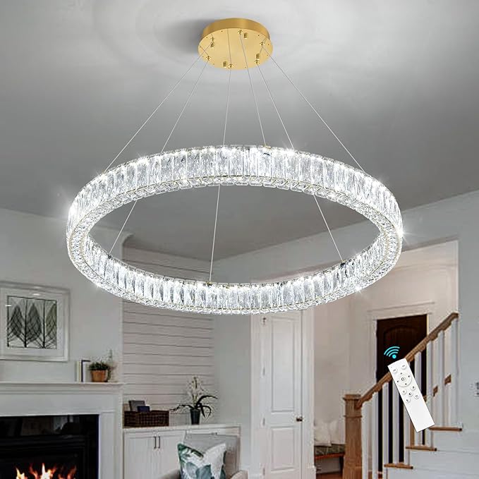 HAIXIANG Modern Crystal Chandelier Dimmable LED Ring Pendant Chandeliers Light Adjustable Glam Hanging Lighting Fixtures for Dining Room Living Room Bedroom Gold Light