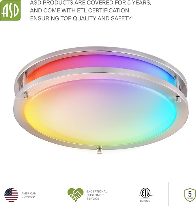 ASD LED 14" Round Flush Mount Lighting, Close to Ceiling Light Fixture | Smart, Multicolor, Dimmable, ETL Listed | 21W 1429LM RGB-2700-6500K 120V | Low Profile Double Ring Lamp | Nickel, 4 Pack