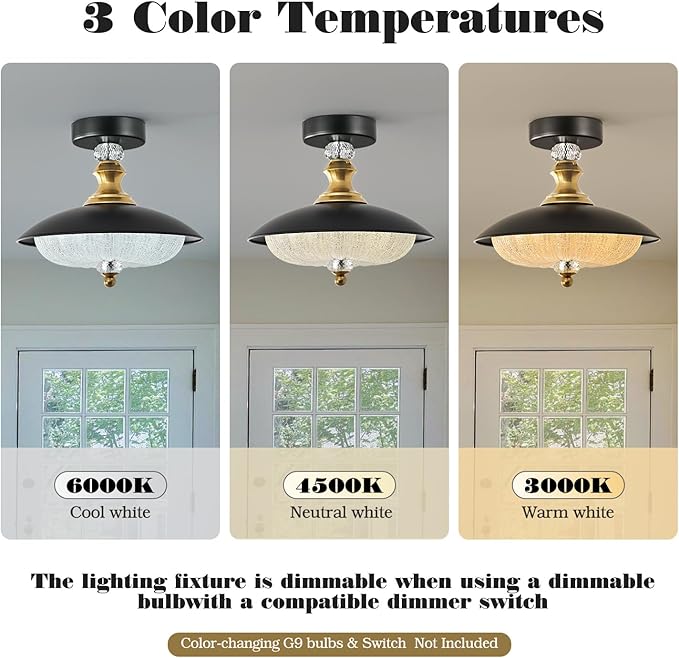 Vintage Semi Flush Mount Ceiling Light 12inch Mid Century Crystal Glass Black Gold Circle Ceiling Light Fixture,5-Light Design, for Bedroom Kitchen Dining Room Hallway Entryway Cloak Room