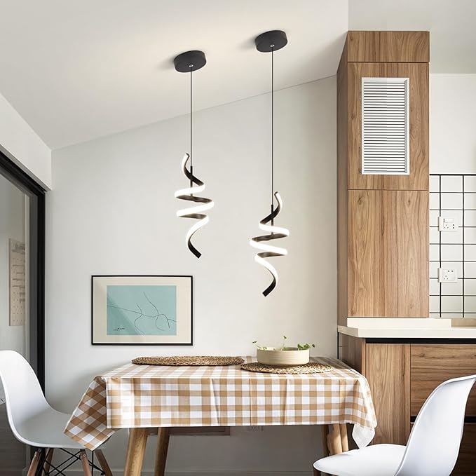 4000K Modern Pendant Light, 15IN Spiral LED Pendant Lights Adjustable Height Black Kitchen Island Fixtures Chandeliers for Dining Room Hanging Lights, 1 Pack (Black,4000K, Hardwired,2PACKS)