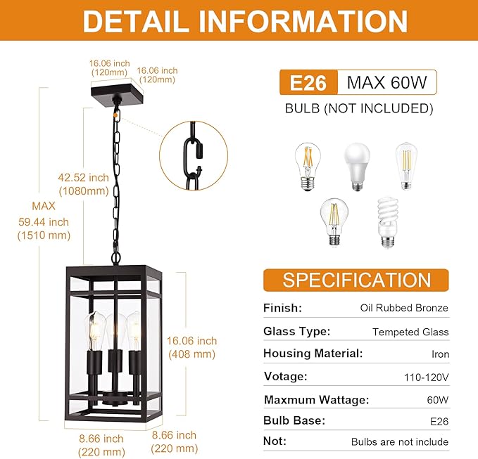 VINLUZ 3-Light Outdoor Pendant Light with Adjustable Chain, 16" Oil Rubbed Bronze Outdoor Hanging Light Fixture, Exterior Linear Hanging Lantern Chandelier for Entryway, Patio, Garden, Front Door