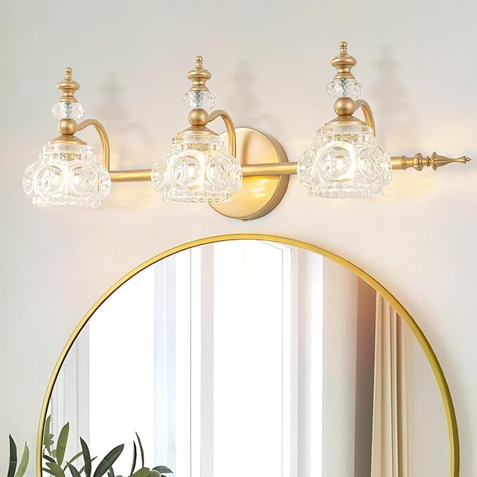 Bathroom Vanity Light Fixtures, Farmhouse Vintage Wall Sconce Lighting with Glass Shade, Bath Vintage Wall Mounted Lamps for Mirror (3 Lights,Gold,G9 Base)
