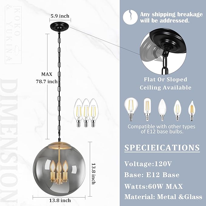 KoKo&Yukina 13.7 Inch Globe Pendant Light Adjustable Gold Globe Pendant Lights Kitchen Island Mid Century Light Fixture with Grey Glass Shade for Living Room