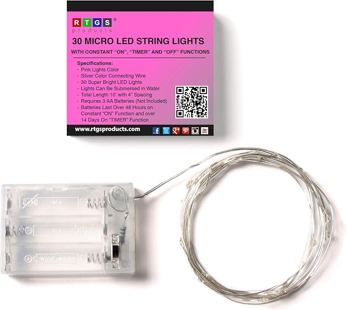 30 LED Wire Twinkle Fairy Lights, Battery Powered, Waterproof — Christmas, Holidays, Halloween, Wedding — Bedroom, Living Room — 9.5 Ft, Pink, Indoor & Outdoor