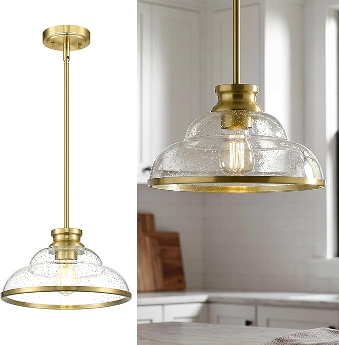 kudos Gold Pendant Lights Kitchen Island, 11" Brass Kitchen Island Lighting with Seeded Glass, Farmhouse Pendant Light fixtures for Kitchen Sink Dining Room Hallways, KDPL14-GD